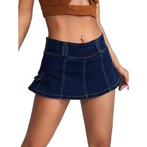 Casual A Line Flare Jean Denim Mini Skirt Skort With Pocket, Large, 7L-193B001